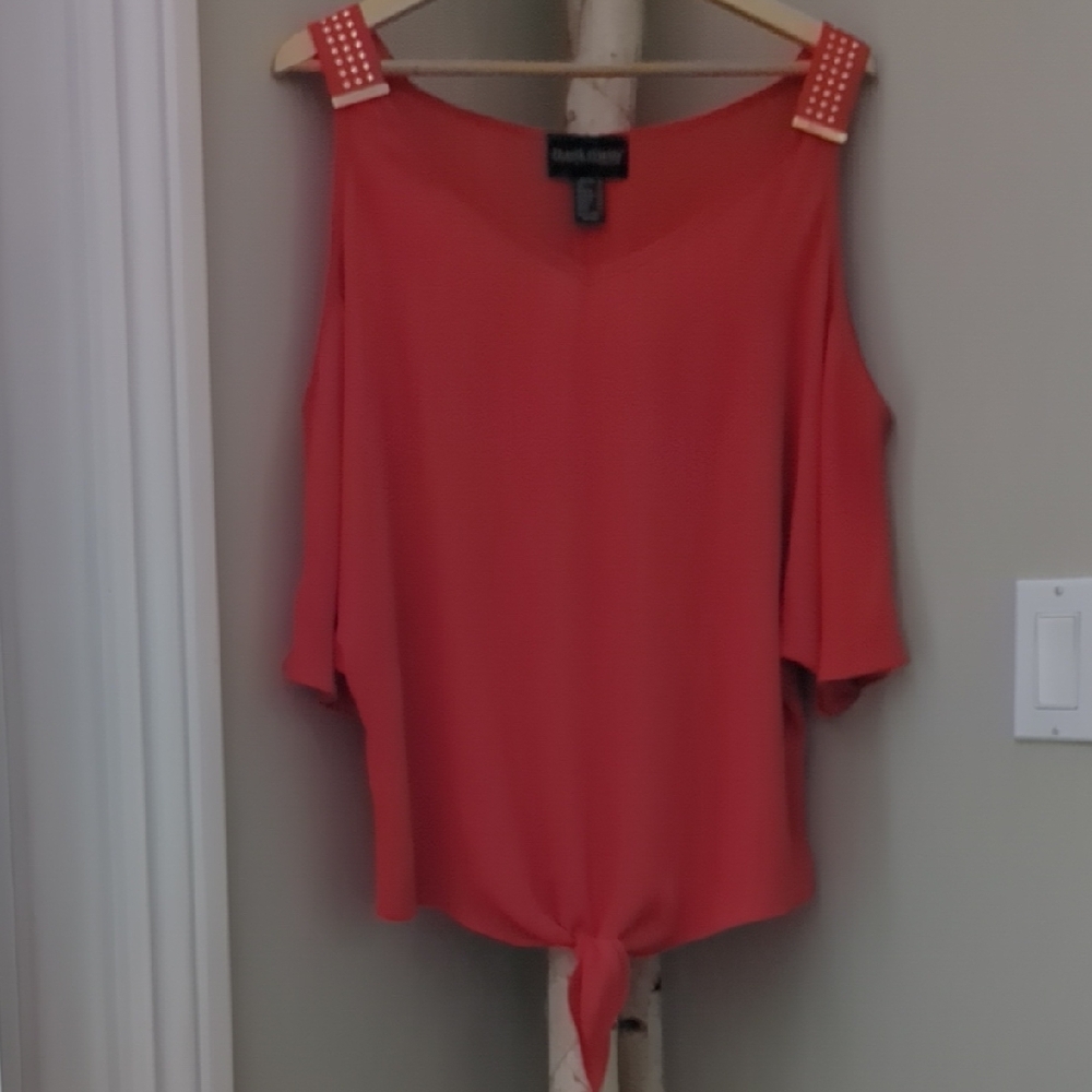 Frank Lyman Orange Blouse with Cutout Shoulders and Tie Front